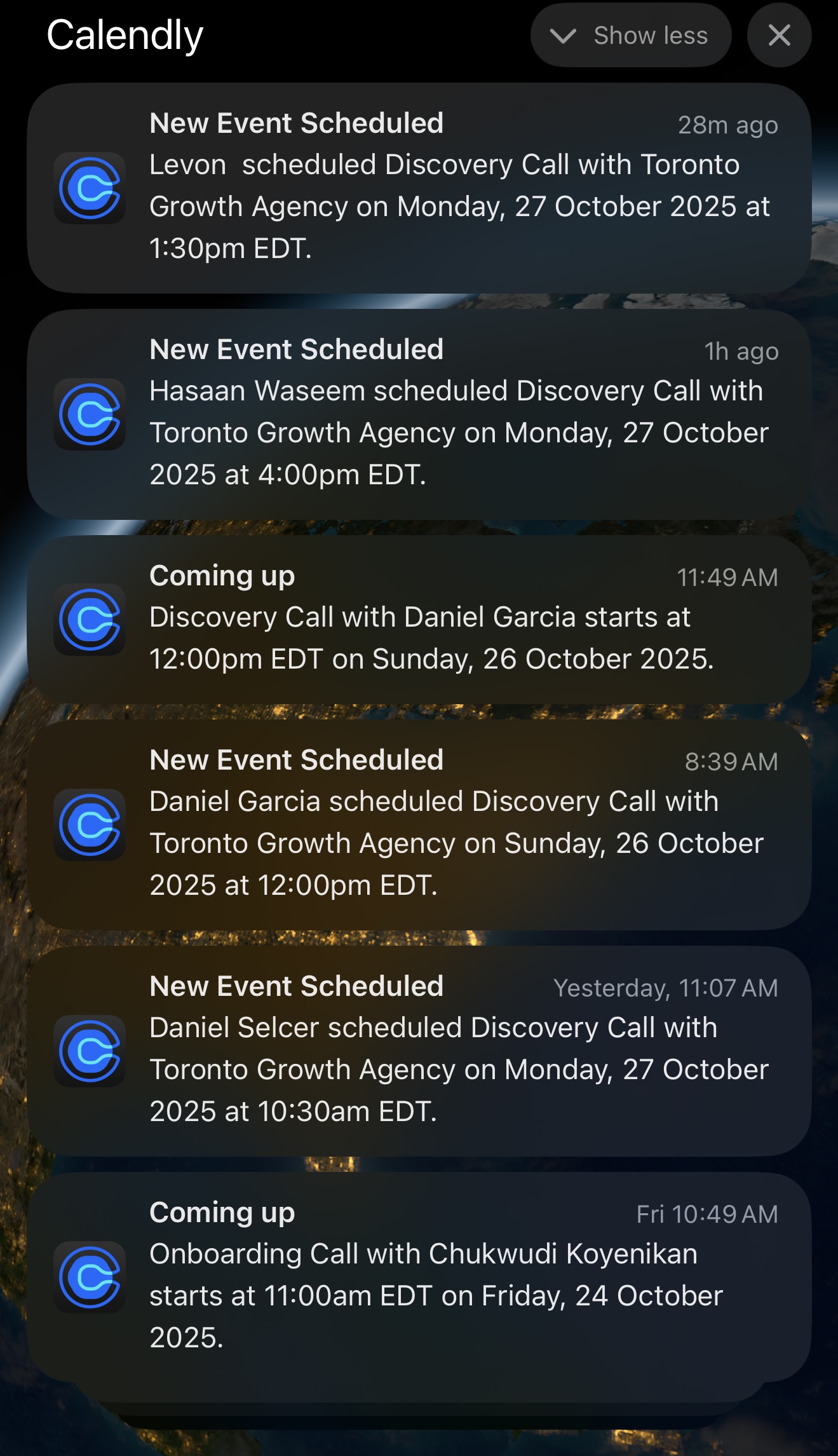 Calendly notification center showing multiple discovery calls booked back to back