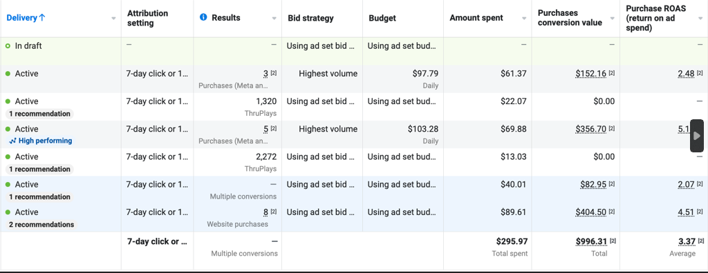 Meta ad campaigns table showing multiple campaigns with ROAS ranging from 2.07x to 5.1x